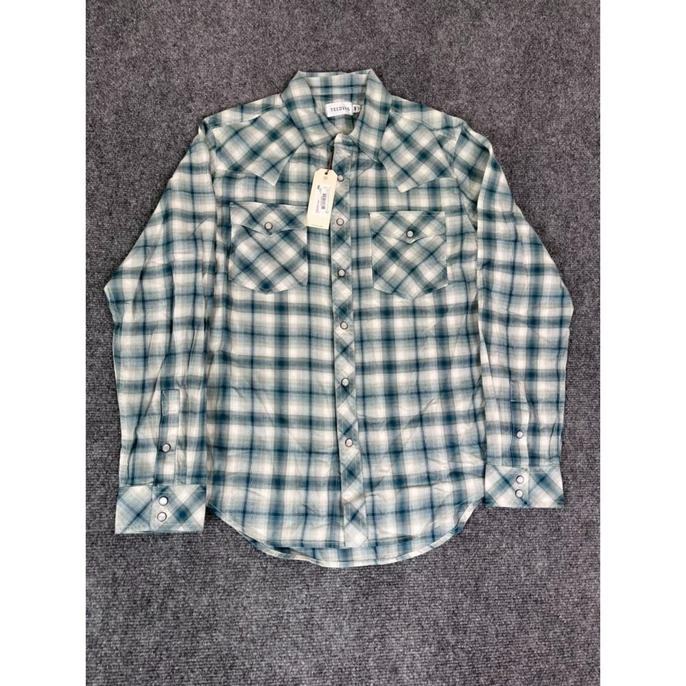 NWT Tecovas Mens Green Plaid Pearl Snap Button Up Shirt Brushed Cotton Size S